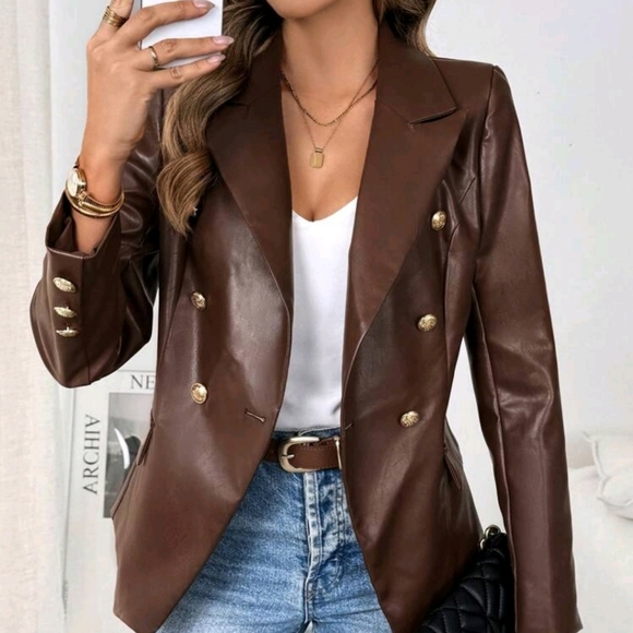 Jackets & Blazers - Women's PU Leather Single-Breasted Lapel Blazer